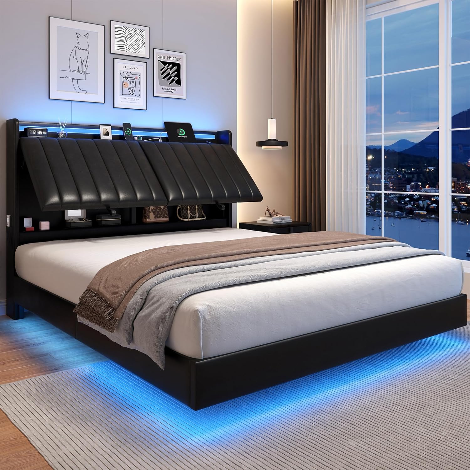 Queen Size Floating Bed Frame with Ergonomic Hidden Storage Headboard and LED Lights, Visual Floating LED Bed Frame with Charing Station, Leather Upholstered Platform Bed, Heavy Duty, Black