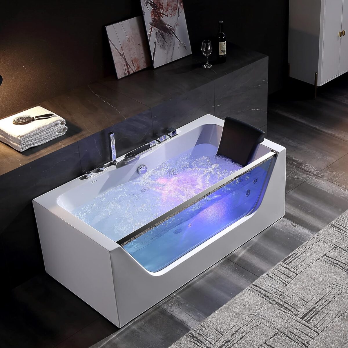 Empava 59” Whirlpool Bathtub, Jetted Tub with Light,SPA Hydromassage with Chromatherapy,Acrylic,3-Side Apron,White