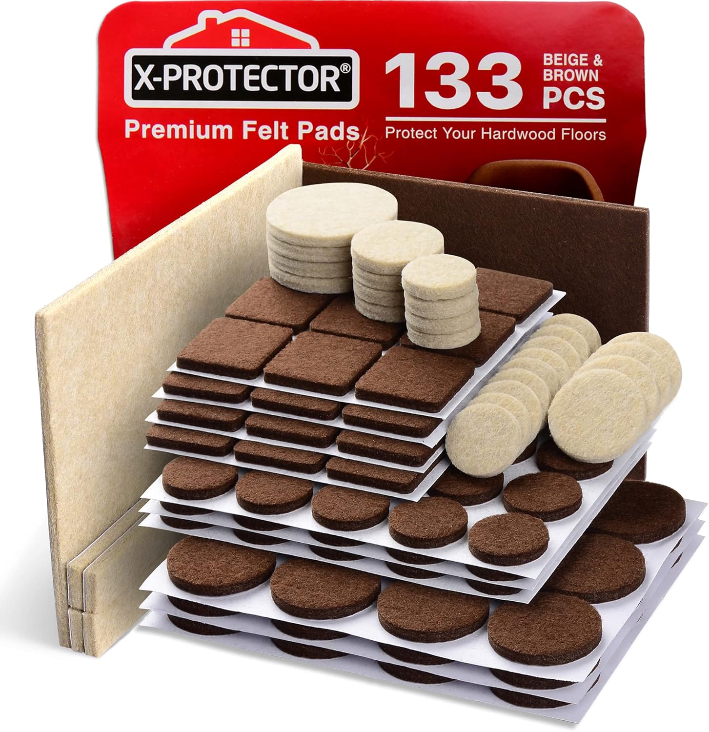 Felt Furniture Pads X-PROTECTOR 133 PCS Premium Furniture Pads - Felt Pads Furniture Feet Best Wood Floor Protectors - Protect Your Hardwood & Laminate Flooring! Brown and Beige