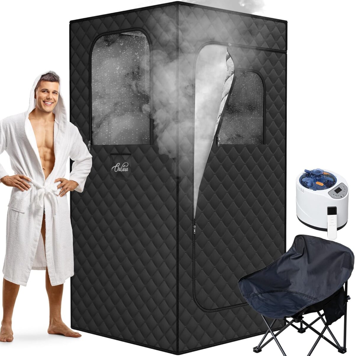 Large Portable Sauna Box, 3L Steamer Portable Steam Sauna for Home, Personal Sauna with Big Sauna Chair, Remote Control, 3.2’ x 3.2’ x 6.0’, Black, 1200W