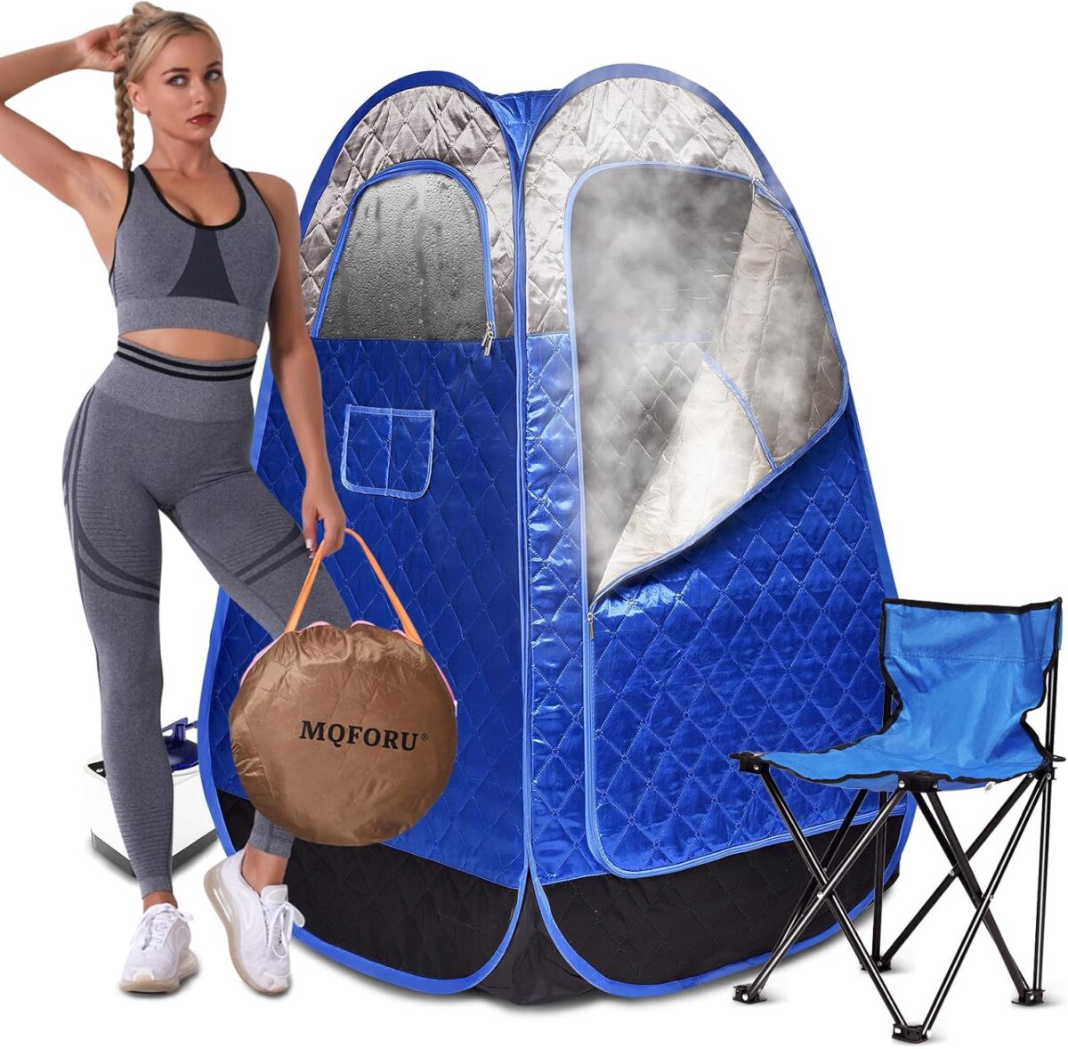 MQFORU Sauna, Portable Sauna for Home, Foldable Sauna Box with 3L 1000W Steamer, Remote Control, Folding Chair, Herb Pot, Steam Sauna Room for Gym, Yoga, Pilates (Grey and Blue