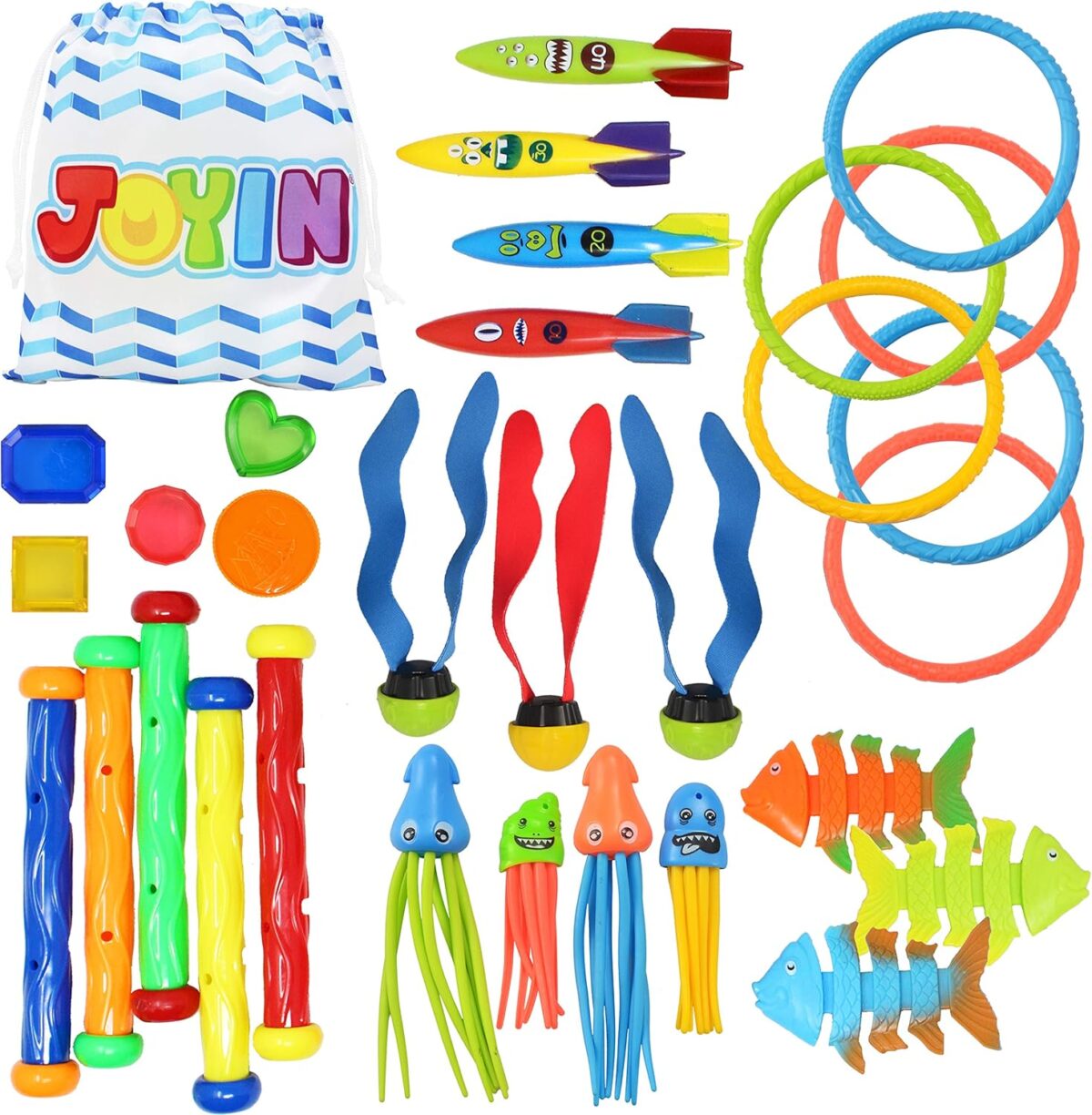 JOYIN 30 Pcs Diving Pool Toys for Kids Ages 3-12 Jumbo Set with Storage Bag Pool Games Summer Swim Water FishToys