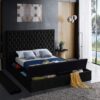 Meridian Furniture Bliss Collection Modern | Contemporary Velvet Upholstered Bed with Deep Button Tufting and Storage Compartments in Rails and Footboard, Black, King - Image 8