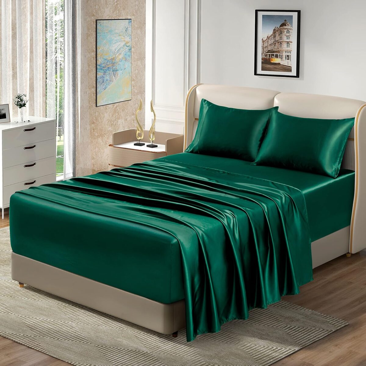 Homiest 4pcs Extra Deep Pocket Satin Sheets Queen Size Bed Set, 18-24 Inch Deep Pocket Bed Sheets Blackish Green Satin Sheet Set, Silky Satin Bedding Set Soft Fitted Sheet Set Fits Ultra Deep Mattress