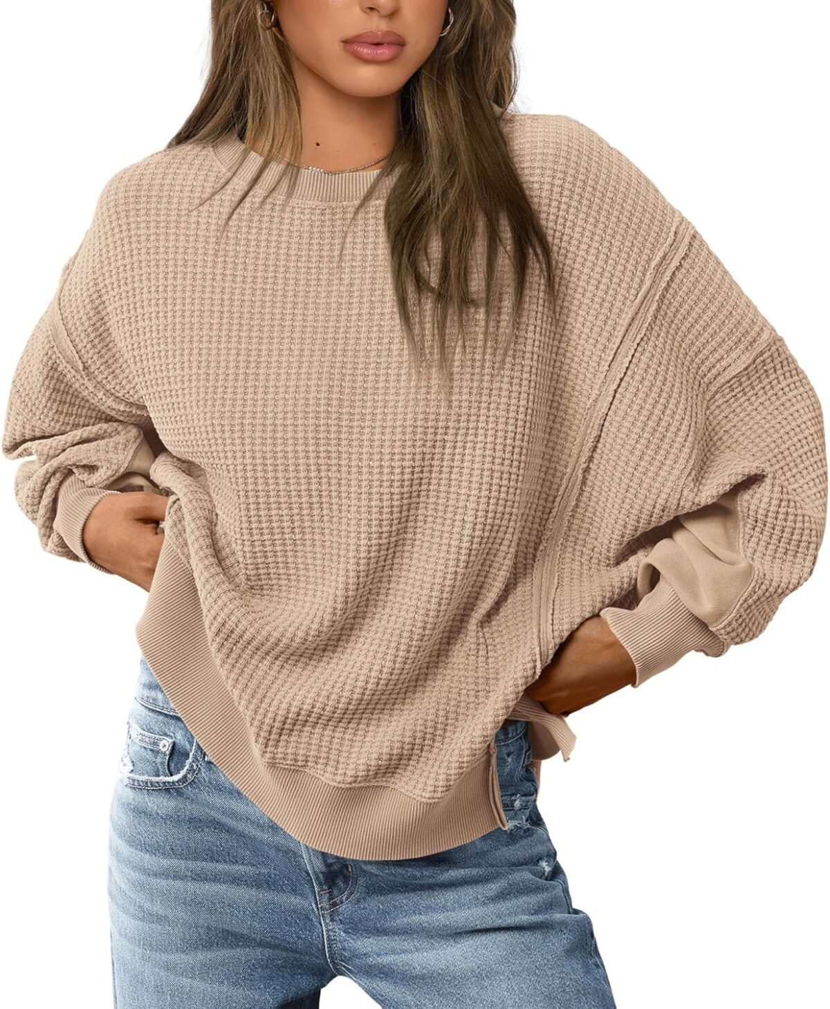 PRETTYGARDEN Women's Oversized Crewneck Sweatshirts Fall Fashion Casual Long Sleeve Pullover Waffle Knit Spring Shirts Top